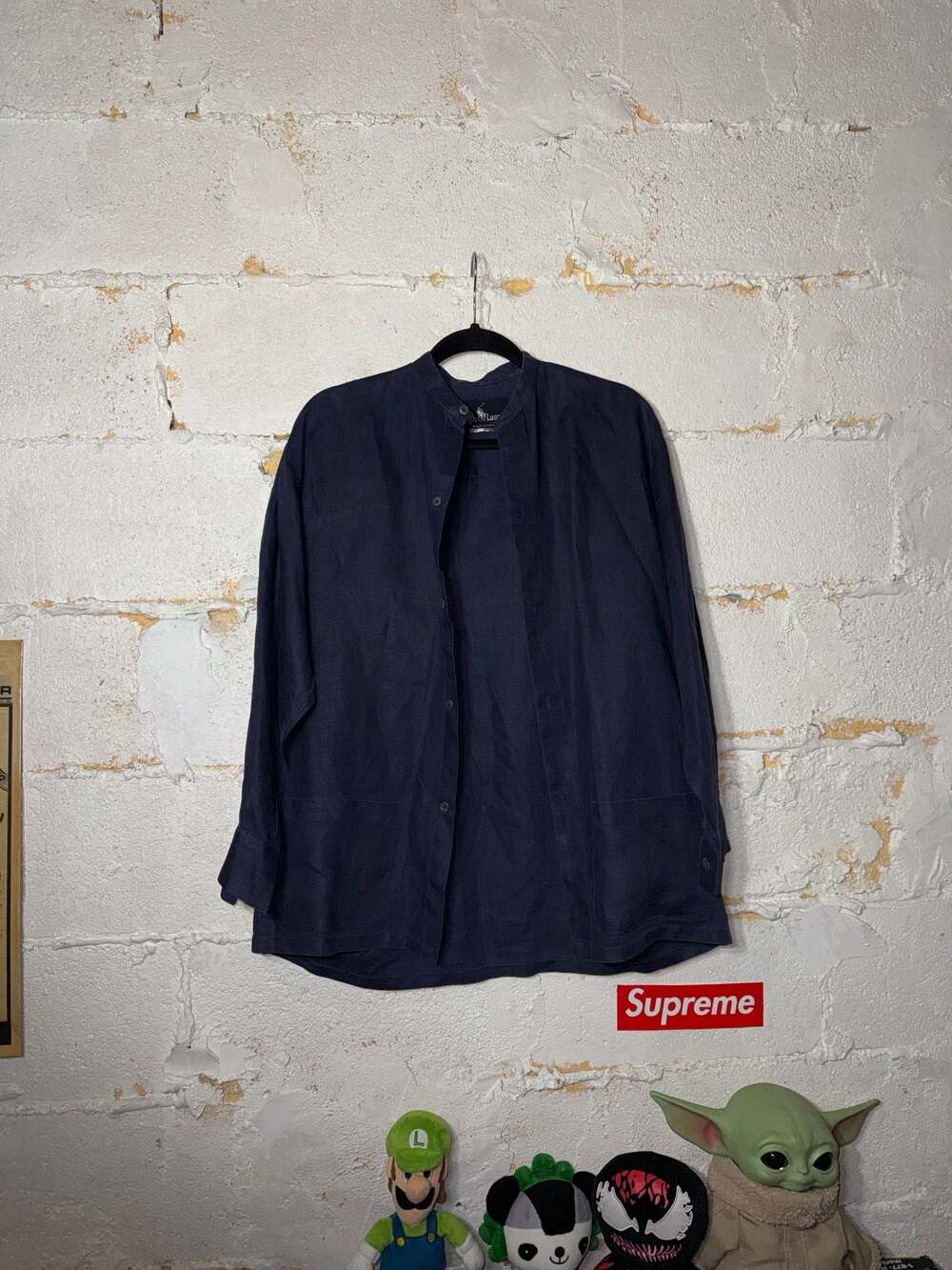 Vintage Ralph Lauren 100% Linen Band Collar Overshirt Navy Blue Size 6